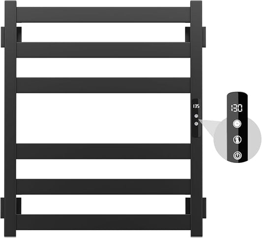 Towel Warmer,Stainless Steel Towel Warmer Rack for Bathroom -6 Bars Wall Mounted Towel Heater with Intelligent Touch Screen Timer, Hard Wired/Plug-in, Black