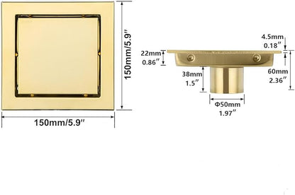 RANDOM Brushed Gold Shower Drain Square 6 inch SUS304 Stainless Steel Shower Floor Drain with Hair Strainer Tile Insert Shower Drain Cover