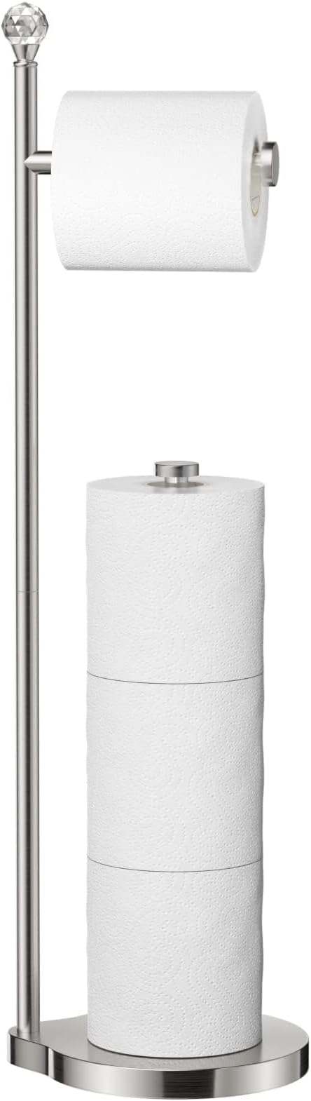 Toilet Paper Holder for Bathroom, Heavy Weighted Metal Free Standing Toilet Paper Storage with Crystal Ball, Toilet Paper Stand for Bathroom Accessories, Brushed Nickel [Holds MEGA Rolls]