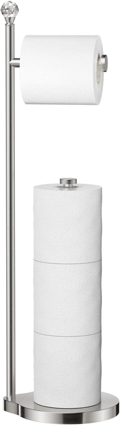 Toilet Paper Holder for Bathroom, Heavy Weighted Metal Free Standing Toilet Paper Storage with Crystal Ball, Toilet Paper Stand for Bathroom Accessories, Brushed Nickel [Holds MEGA Rolls]