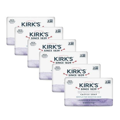 Kirk's Castile Bar Soap for Men, Women & Children - Made with Premium Coconut Oil, Sensitive Skin Formula, Vegan, Non GMO, Lavender & Vanilla, 4 oz. Bars 6 Pack