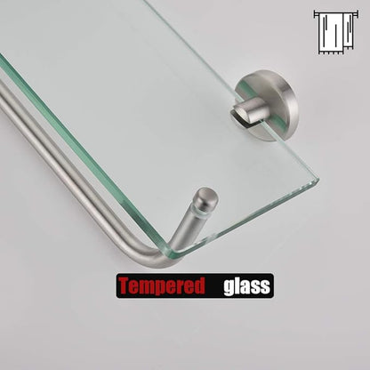 JQK Bathroom Glass Shelf, Shelf with 15 Inch Towel Bar Tempered Glass Shower Storage 16 by 5 inches, 304 Stainless Steel Brushed Finish Wall Mount, TGS100-BN
