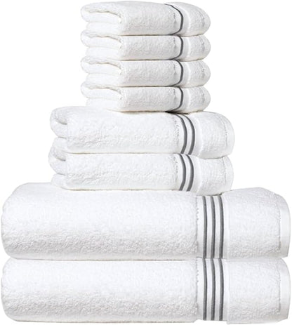 8-Piece Premium Towel Set, 2 Bath Towels, 2 Hand Towels, and 4 Wash Cloths, 100% Ring Spun Cotton Highly Absorbent Towels for Bathroom, Gym, Hotel, and Spa