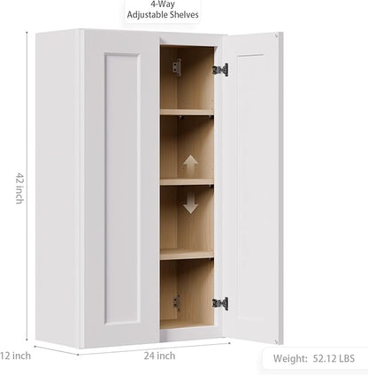 Solid Wood Kitchen Wall Cabinets, 24 Inch Wide Over The Toilet Storage Cabinet, Bathroom Organizer Cabinets with 2 Shaker Door & 3 Shelves, Easy Assembly for Dining Room, Laundry - White