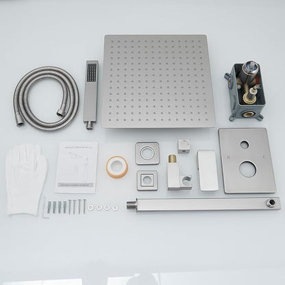 Shower Faucet Set Complete, Wall Mount Shower System for Bathroom 12 Inch High-Pressure Rainfall Shower with Handheld, Rough-in Valve Body and Trim Kit, Brushed Nickel