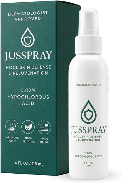 JusSpray™ Hypochlorous Acid Skin Defense Mist – 4 oz Spray for Sensitive Skin, Acne, Comfort & Piercing Aftercare, Gentle Face & Body Toner, Redness Reduction, Suitable for All Skin Types