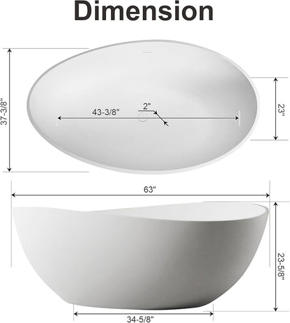 63 Inch Stone Resin Freestanding Bathtub, Modern Oval Soaking Bathtubs Tubs, Contemporary Solid Surface Bathtubs with Overflow and Pop-up Drain, Matte White