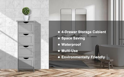 Bonnlo Skinny Bathroom Floor Storage Cabinet, 12 Inch Wide Deep Small Storage Organizer with 4 Drawers, Wooden Modern Grey Thin Free Standing Tower Cabinet w/ 4 Cute Drawers for Bathroom, Living Room