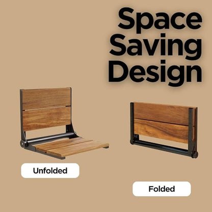 Folding Shower Seat Wall Mounted with Back | 500 lbs Maximum Load Capacity | ADA Compliant Safety Assist Teak Shower Seat for Seniors, Handicapped, and Children | 304 Stainless Steel Frame | 26” x 16”