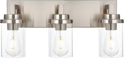 MELUCEE 3-Light Vanity Lights Brushed Nickel with Clear Glass Shade, Modern Bathroom Light Fixtures Industrial Wall Light for Bedroom Kitchen Living Room