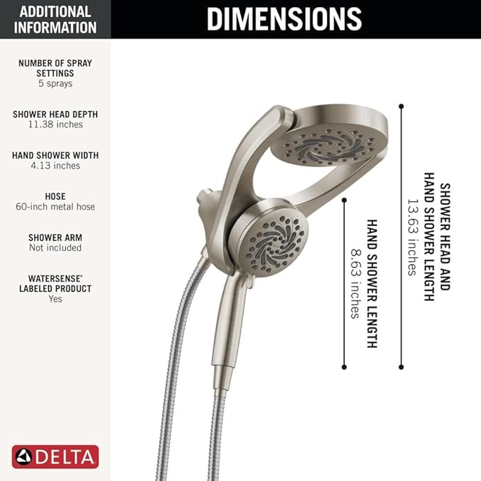 Delta 5-Setting HydroRain 2-in-1 Dual Shower Head with ProClean Spray, Brushed Nickel High Pressure Shower Head with Handheld Spray, 1.75 GPM Flow Rate, Satin Nickel 75419SN