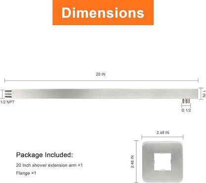 HarJue Shower Arm, Rain Shower Head Extension Extender, With Flange and Teflon Tape, Made of Thicken Stainless Steel for Bathroom Rainfall Shower (20 Inch, Brushed Nickel)