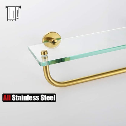 JQK Bathroom Glass Shelf, Shelf with 16 Inch Towel Bar Tempered Glass Shower Storage 16 by 5 inches, 304 Stainless Steel Brushed Gold Wall Mount, TGS100-BG