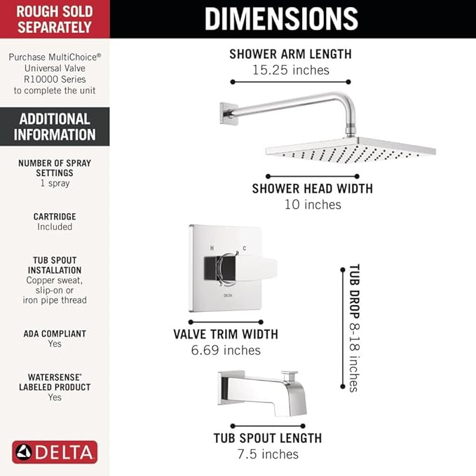 Delta Faucet Modern Raincan Square Single-Function Tub and Shower Trim Kit, Tub Faucet Set, Rainfall Shower Head, Delta Shower Trim Kit, Chrome T14468-PP (Valve Not Included)
