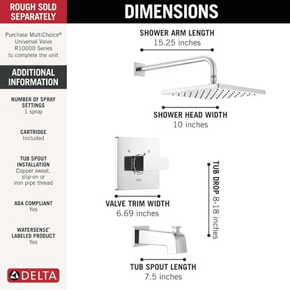 Delta Faucet Modern Raincan Square Single-Function Tub and Shower Trim Kit, Tub Faucet Set, Rainfall Shower Head, Delta Shower Trim Kit, Chrome T14468-PP (Valve Not Included)