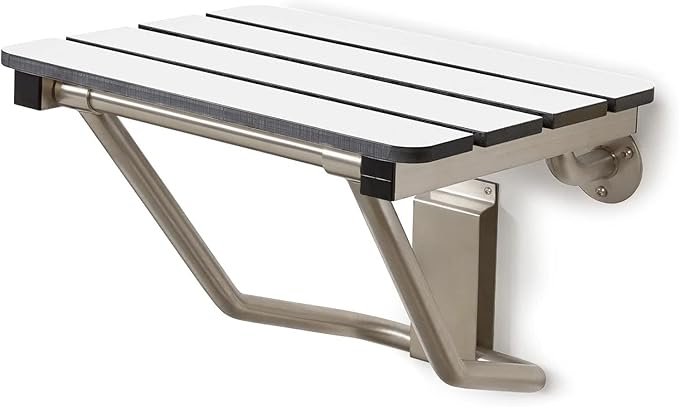 32" x 15" Phenolic White 3” Slats Folding Wall Mount Shower Seat Bench, ADA Compliant