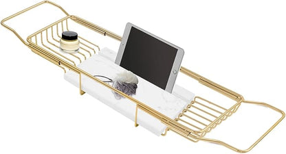 Bath Tub Tray Expandable Bathtub Tray 26.77-35.43 in, Bathtub Trays with Marble Board Bath Trays for Tub Luxury Bathtubs & Bathroom Accessories for Relaxing Spa,Suitable for Bathtubs Gold