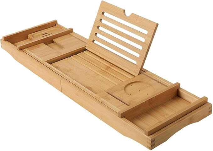 Expandable Bath Tray, Wooden Bathtub Tray Caddy with Solid Wood Bookend, Phone Card Slot, Movable Bamboo Tray