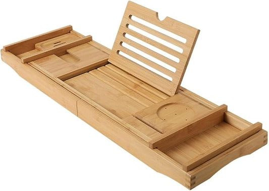 Expandable Bath Tray, Wooden Bathtub Tray Caddy with Solid Wood Bookend, Phone Card Slot, Movable Bamboo Tray