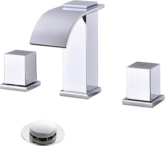 Luxury Brass Modern Widespread Waterfall Bathroom Sink Faucets with Copper Valve for 3 Hole 2-Handle 8 Inch Deck Bathroom Vanity Faucet, &Stainless Steel Pop-up Drain Assembly, Chrome