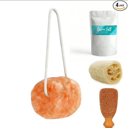 Himalayan Natural Bath Salt Hanging with Rope, 2 lbs – Gift Combo with Epsom Salt 500g and Clay Pumice | Relaxing Set for Detox, with Free Organic loofah Sponge.