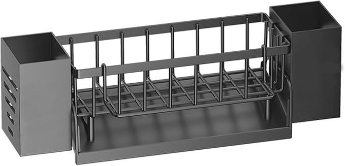 Kitchen Sink Caddy Organizer, Sponge Holder for Kitchen Sink with Drain Tray, 3 Compartments Utensil Drying Rack, Kitchen Utensils Holder with Towel Bar, Kitchen Countertop Organizers