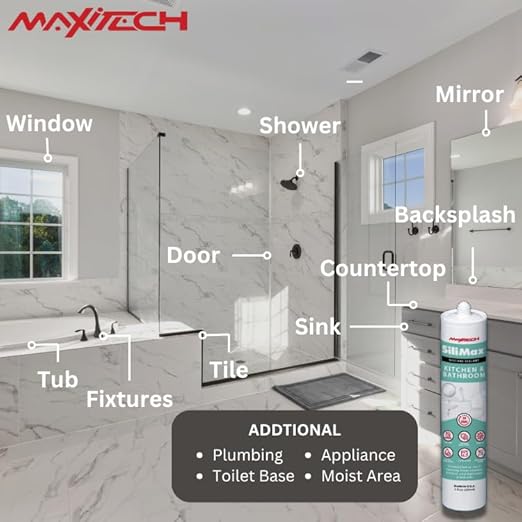 Kitchen & Bathroom Silicone Caulk– 100% Clear Silicone Sealant Waterproof for Sinks, Tubs, Shower Seal & Toilet Seal – Crack-Proof, Quick-Dry Formula Silicone Caulking, 12-Pack