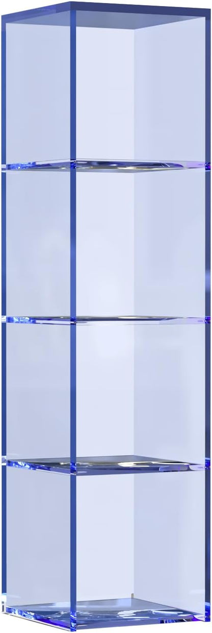 42.5" Acrylic Bookcase, 4-Tier Floor Standing Clear Acrylic Bookshelf, Sturdy Open Display Storage, Clear Bookshelf, Modern High Transparency Organizer for Bedroom, Bathroom, Home Office, Blue