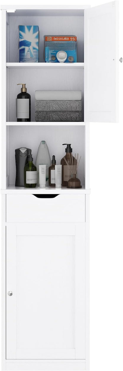 Walsunny Tall Bathroom Storage Cabinet with Freestanding Adjustable Shelves, Narrow Storage Linen Cabinet with 2 Doors and 1 Drawers for Bathroom, Living Room, Kitchen(White)