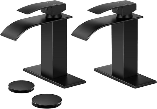 Bathroom Faucets Matte Black Waterfall Bathroom Sink Faucet Modern Single Handle Bathroom Faucet for 1 or 3 Hole Mxier Tap Washbasin Faucet with Deck, Pop-up Drain and Supply Hoses 2 Pack