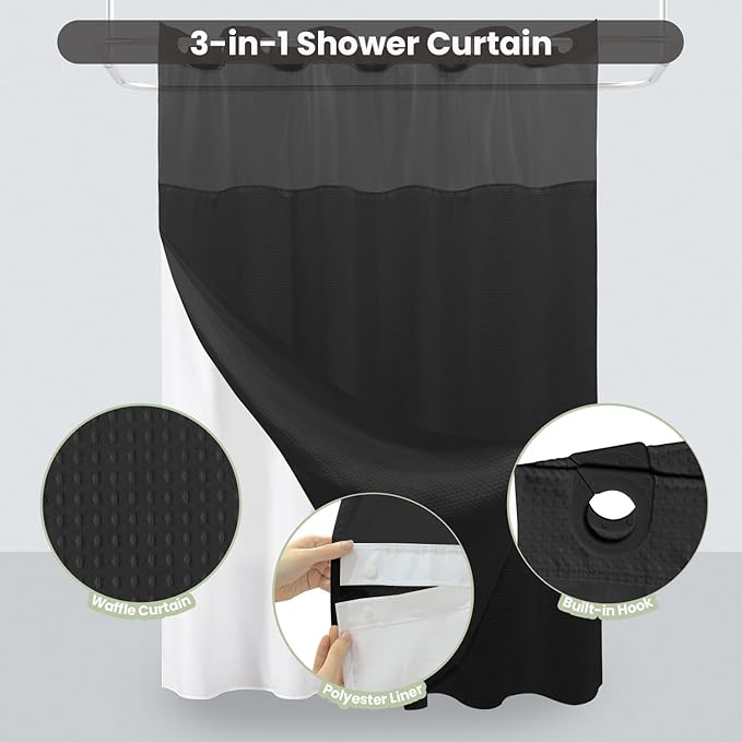 Inhousolu Stall No Hook Shower Curtain with Snap in Fabric Liner Set Waffle Weave 230GSM Weighted Hem, Waterproof & Washable Bathroom Curtain Spa Luxury with Mesh Top Window 60" W x 72" L Black