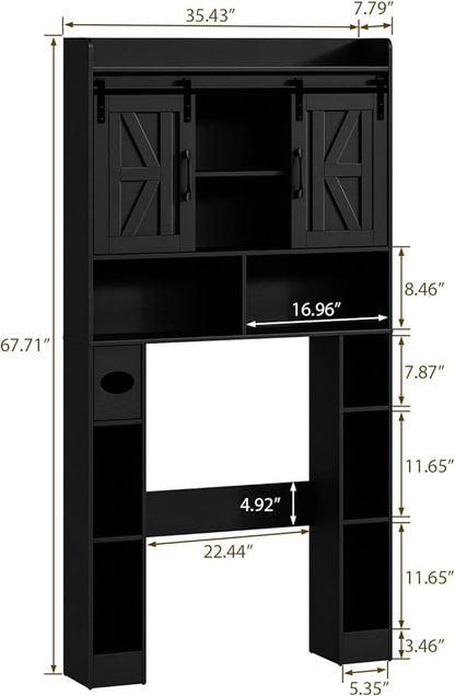 Farmhouse Storage Cabinet Over Toilet with Sliding Doors，Over The Toilet Storage Cabinet, Home Space-Saving Toilet Rack, for Bathroom, Restroom, Laundry.Pure Black