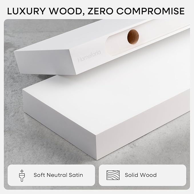 Homeforia White Floating Shelves 30 inch, High End Solid Real Wood 30inch Floating Shelf for Wall Mounted, White Wooden 30in Long Floating Shelves, Heavy Duty Bracket, 30 X 6.5 X 1.75 inches, Set of 2