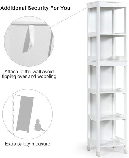 Tangkula Tall Bathroom Storage Cabinet, Freestanding 57" H Tall Slim Bathroom Floor Cabinet with 3 Tier Open Shelves and 2 Drawers, Multifunction Organizer Wooden Tower (White)
