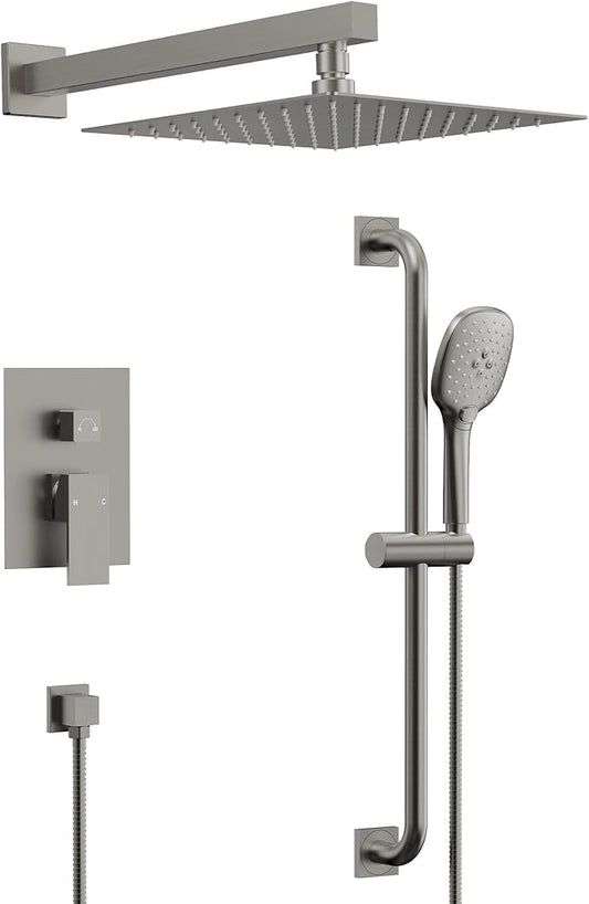 Brushed Nickel 10 Inch Rainfall Shower System with Handheld Spray & Adjustable Slide Bar, Wall Mount Bathroom Shower Faucet Set, Valve Included