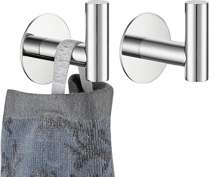 JQK Self Adhesive Towel Hook Chrome, No Drill Stick on Coat Robe Clothes Wall Hook for Bathroom Kitchen Garage 2 Pack, 304 Stainless Steel Polished Steel, ATH110-CH-P2