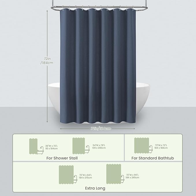 Inhousolu Fabric Shower Curtain Waffle Weave, Navy Blue 230 GSM Heavy Duty, Weighted Hem, 14 Metal Hooks, Water Repellent, Machine Washable, Hotel Spa Luxury Bath Curtain Set, 72 x 72 Inch