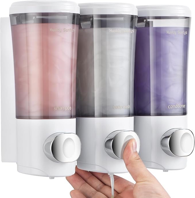 Shampoo and Conditioner Dispenser No Drill Shower Soap Dispenser Wall Mounted Shower Dispenser 3 Chamber with Upgrade Smooth Pump Head Bathroom Body Wash Soap Dispenser Set 450ml*3 White