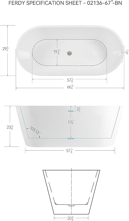 FerdY 67" Shangri-La Elite, Acrylic Freestanding Bathtub, Modern & Contemporary Design Soaking Tub with Brushed Nickel Pop-Up Drain and Minimalist Design Overflow, Glossy White, cUPC Certified