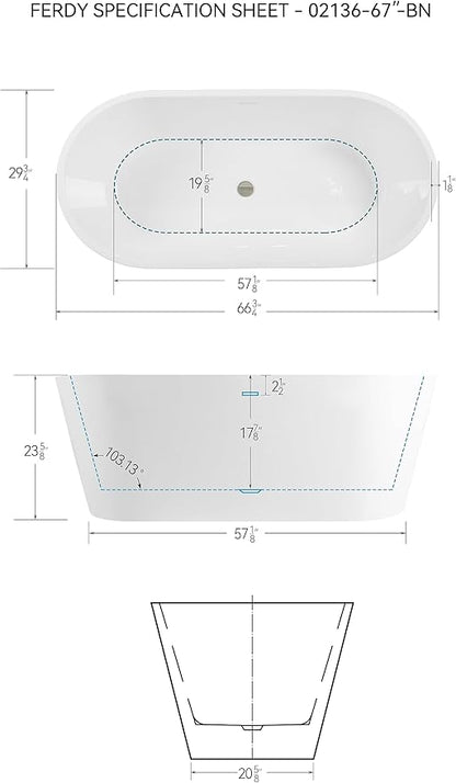 FerdY 67" Shangri-La Elite, Acrylic Freestanding Bathtub, Modern & Contemporary Design Soaking Tub with Brushed Nickel Pop-Up Drain and Minimalist Design Overflow, Glossy White, cUPC Certified