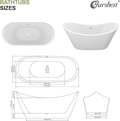 59" Freestanding Acrylic Bathtub – White Double Slipper Soaking Tub with Chrome Drain & Overflow, Glossy Finish for Modern Bathrooms #YSB9210