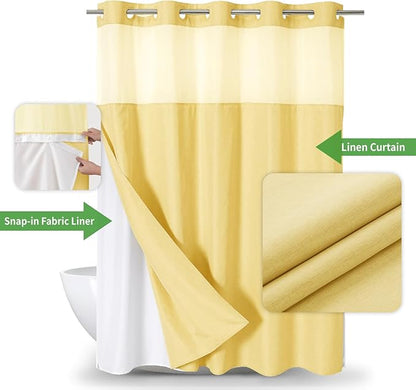 Extra Long No Hooks Needed Linen Textured Shower Curtain with Snap-in Fabric Liner Set,White Hotel Luxury Decor Shower Curtains for Bathroom,Waterproof & Washable,71Wx86H,Gold