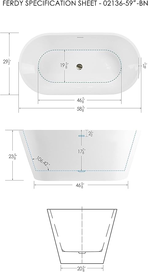 FerdY 59" Shangri-La Elite, Acrylic Freestanding Bathtub, Modern & Contemporary Design Soaking Tub with Brushed Nickel Pop-Up Drain and Minimalist Design Overflow, Glossy White, cUPC Certified