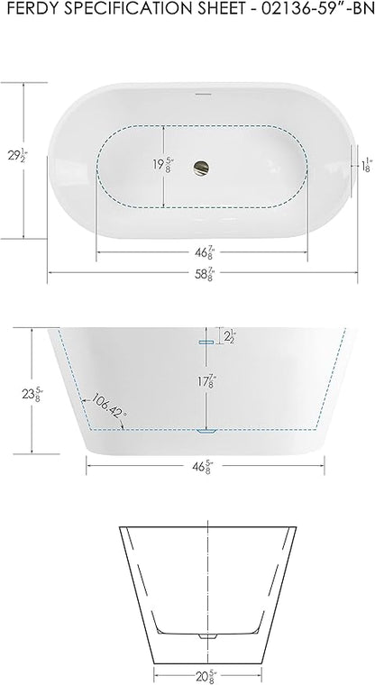 FerdY 59" Shangri-La Elite, Acrylic Freestanding Bathtub, Modern & Contemporary Design Soaking Tub with Brushed Nickel Pop-Up Drain and Minimalist Design Overflow, Glossy White, cUPC Certified