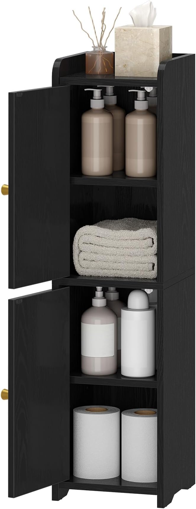 Bathroom Storage Cabinet, Corner Floor Cabinet with 2 Doors and Adjustable Shelf, Narrow Toilet Paper Cabinets, Bathroom Organizer for Small Spaces, 7.9" D x 7.9" W x 29.5" H Black