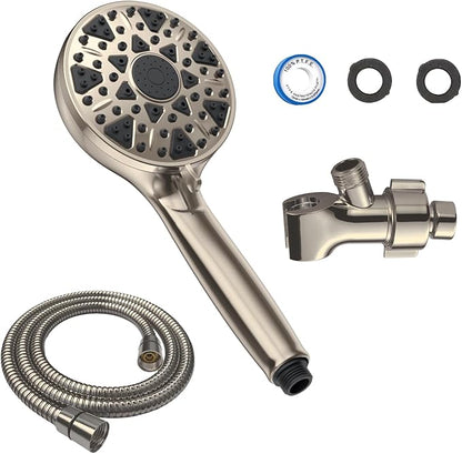 Shower Head With Handheld 7 Settings High Pressure, Built-in Power Wash to Clear Tub, Tile & Pets, 5" High Powerful Hand Held Rain Showerhead with Stainless Steel Hose and Adjustable Bracket (Nickel)