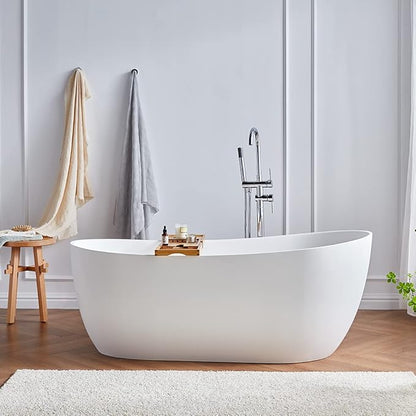 Cpingao (66.9"Lx31.5"Wx25.1"T) Matte White Stone Resin Solid Surface Freestanding Bathtub, Modern Stand Alone Soaking Tub with Overflow and Pop Up Drain,One-Piece Molding 8828