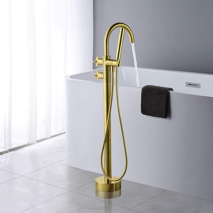 Freestanding Tub Filler Bathtub Faucet Brushed Gold Floor Mount Brass Bathroom Faucets with Hand Shower