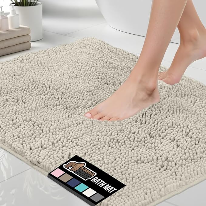 GORILLA GRIP Bath Rug Mat, Thick Soft Absorbent Chenille, Quick Dry Microfiber Mats, Rubber Backing Washable Shower Floor Rugs, Bathmat Runner, US Designed Bathroom Home Decor Accessories 24x17, Ivory