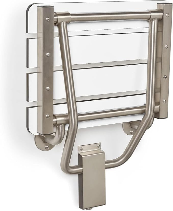 32" x 15" Phenolic White 3” Slats Folding Wall Mount Shower Seat Bench, ADA Compliant